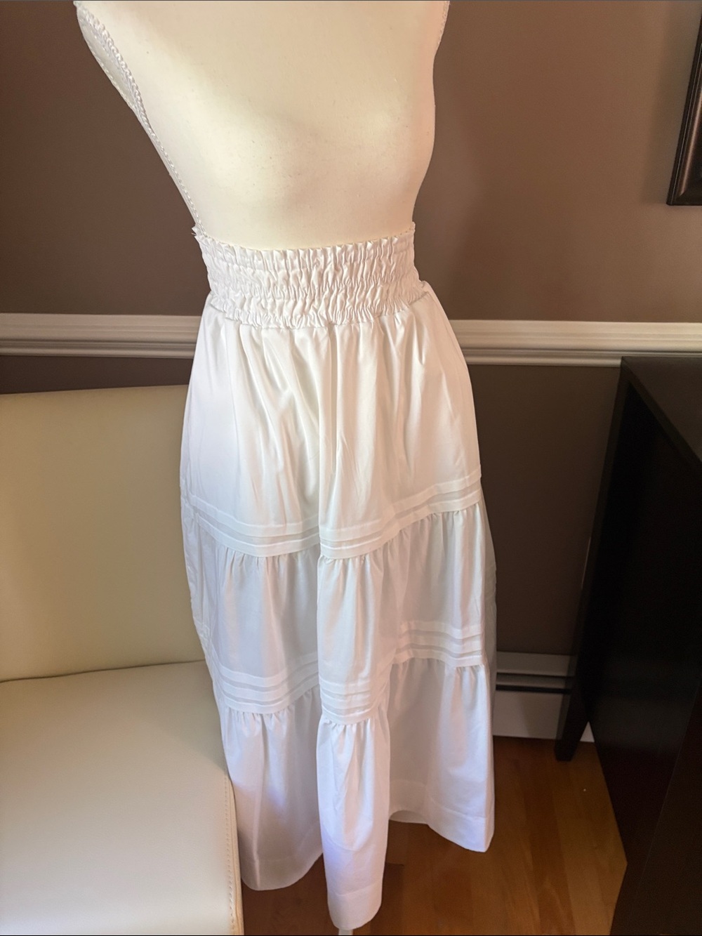 Smocked Waist White Maxi Skirt with Tiered Panels